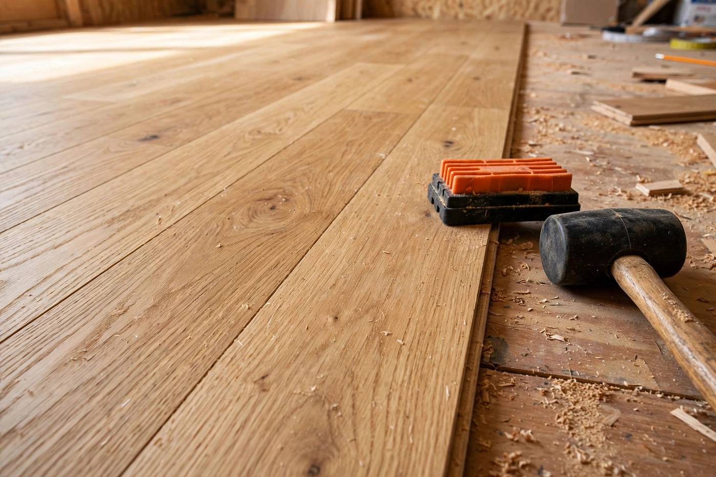 Oak hardwood floor being installed, tapping block and mallet at the plank edge