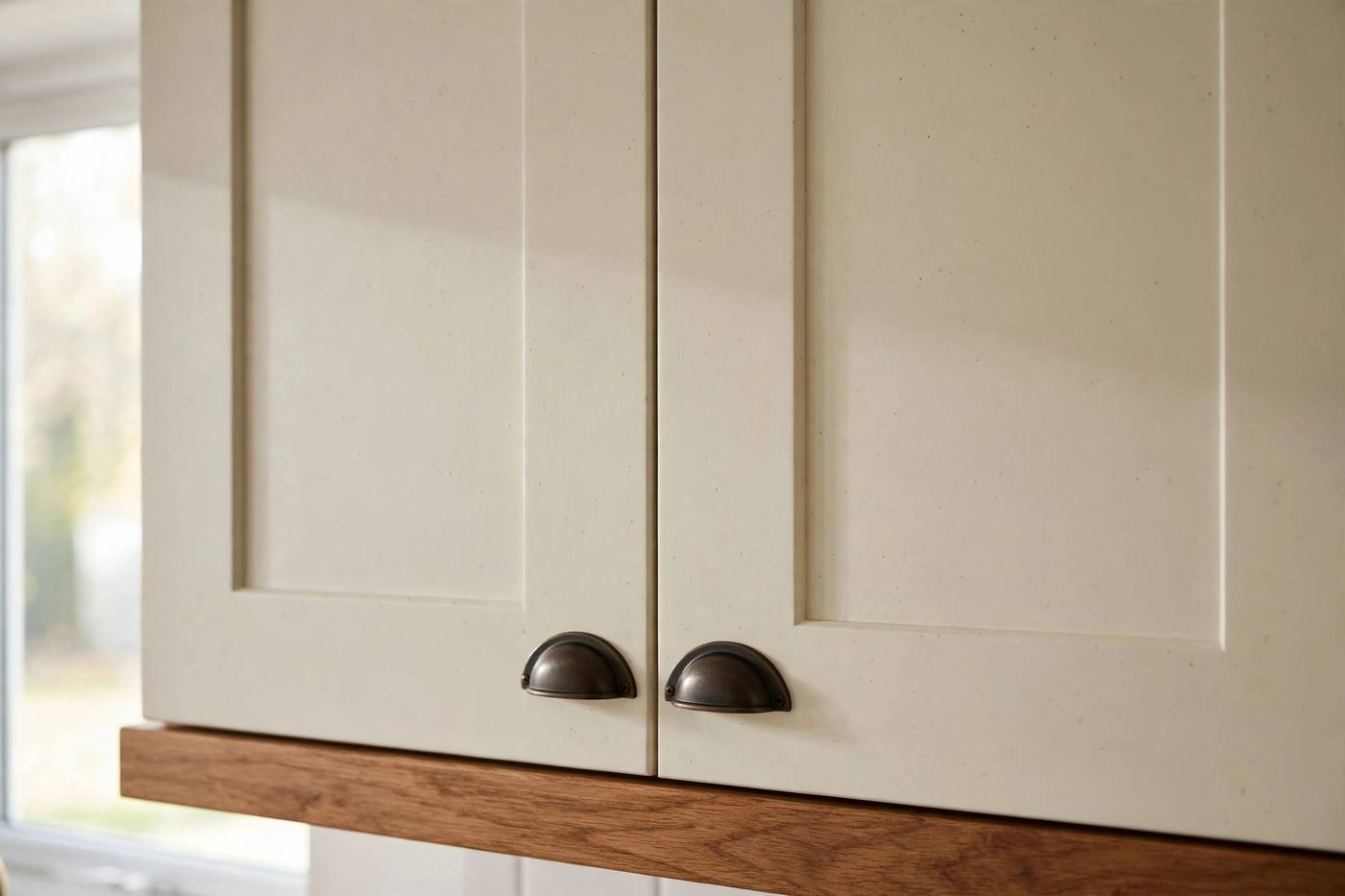 Shaker style kitchen cabinets with bronze cup pulls